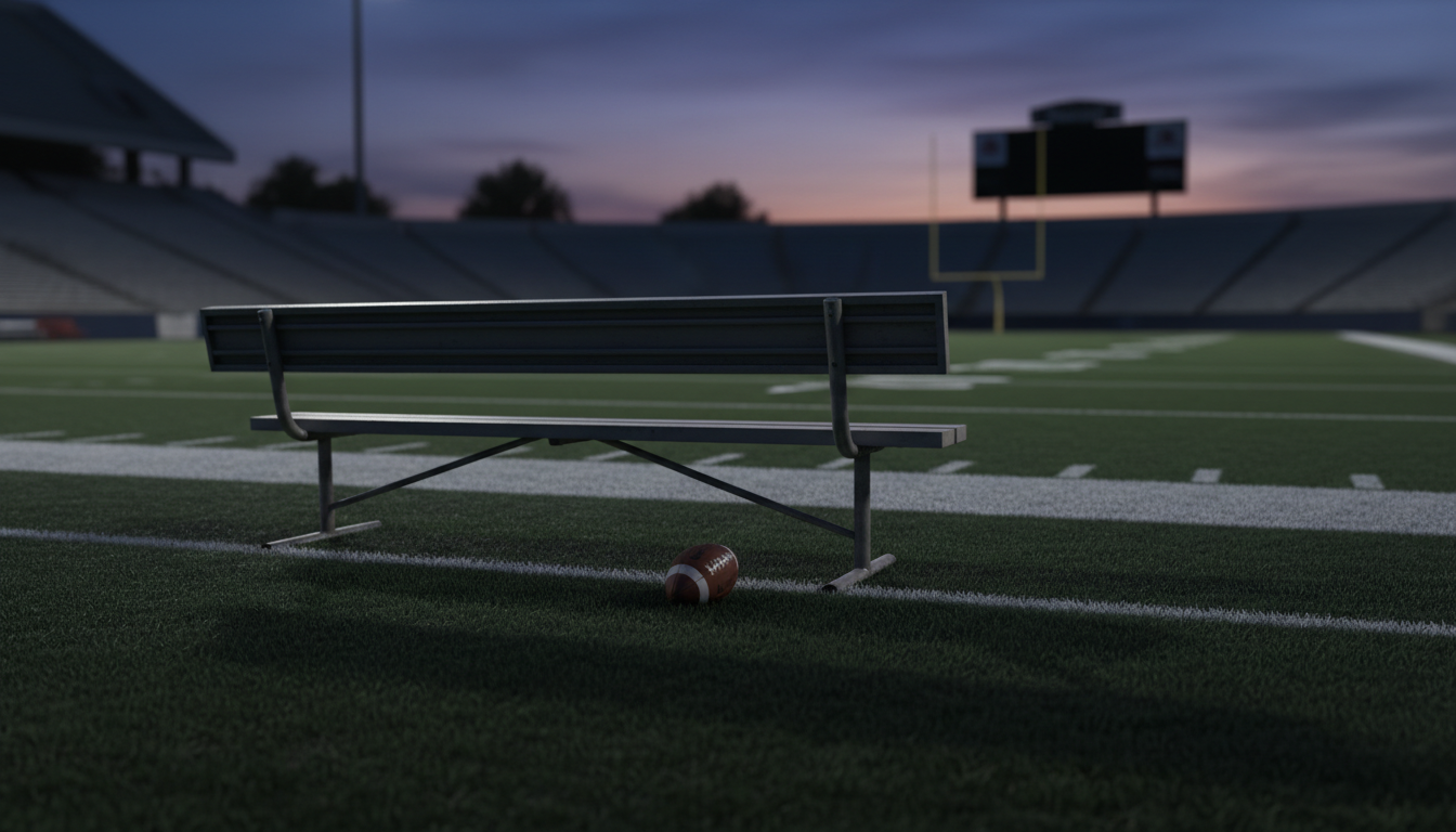 An empty football sideline bench at dusk with a lone football on the grass