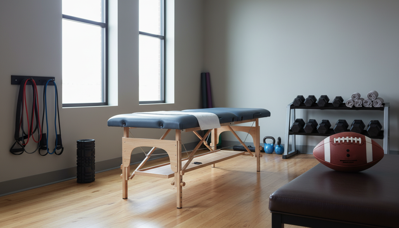 An empty football training room with a treatment table, resistance bands and a football on a bench