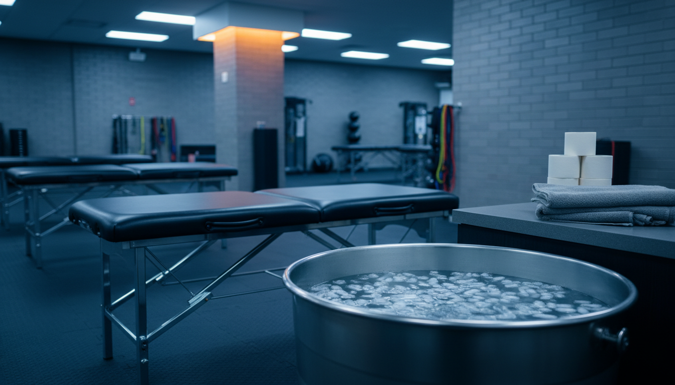 An empty athletic training room with a treatment table, ice tub and rolls of tape under soft light