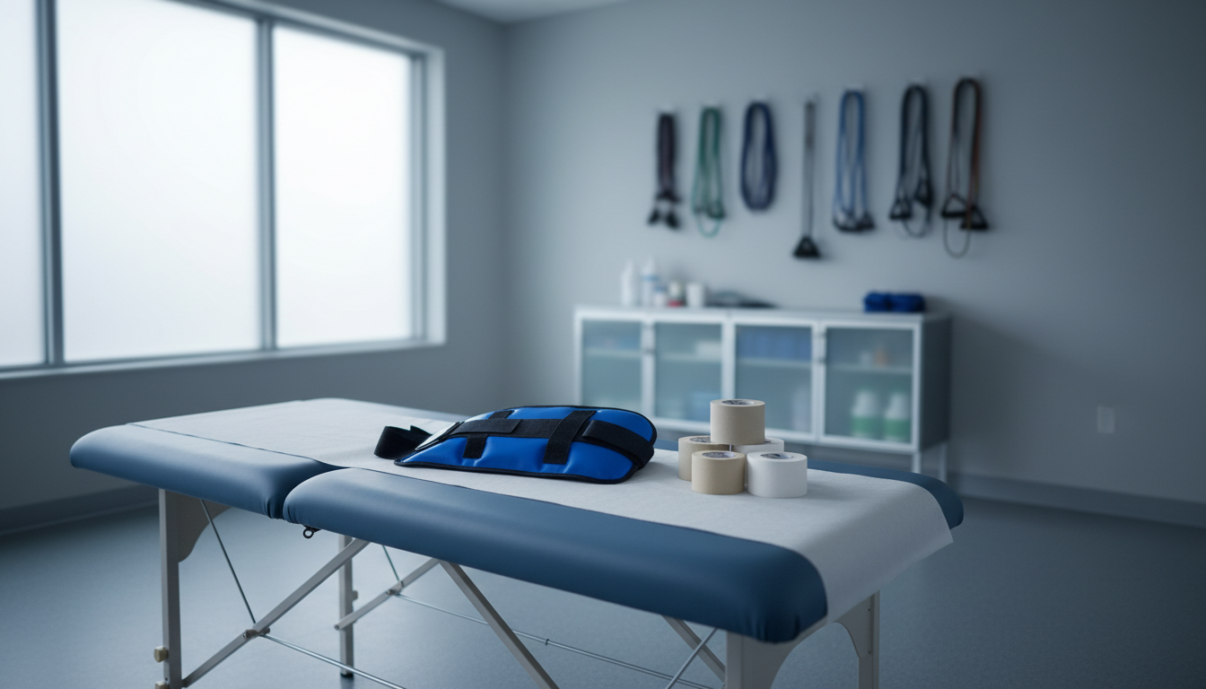 An empty sports training room with a treatment table, a shoulder ice wrap and athletic tape.
